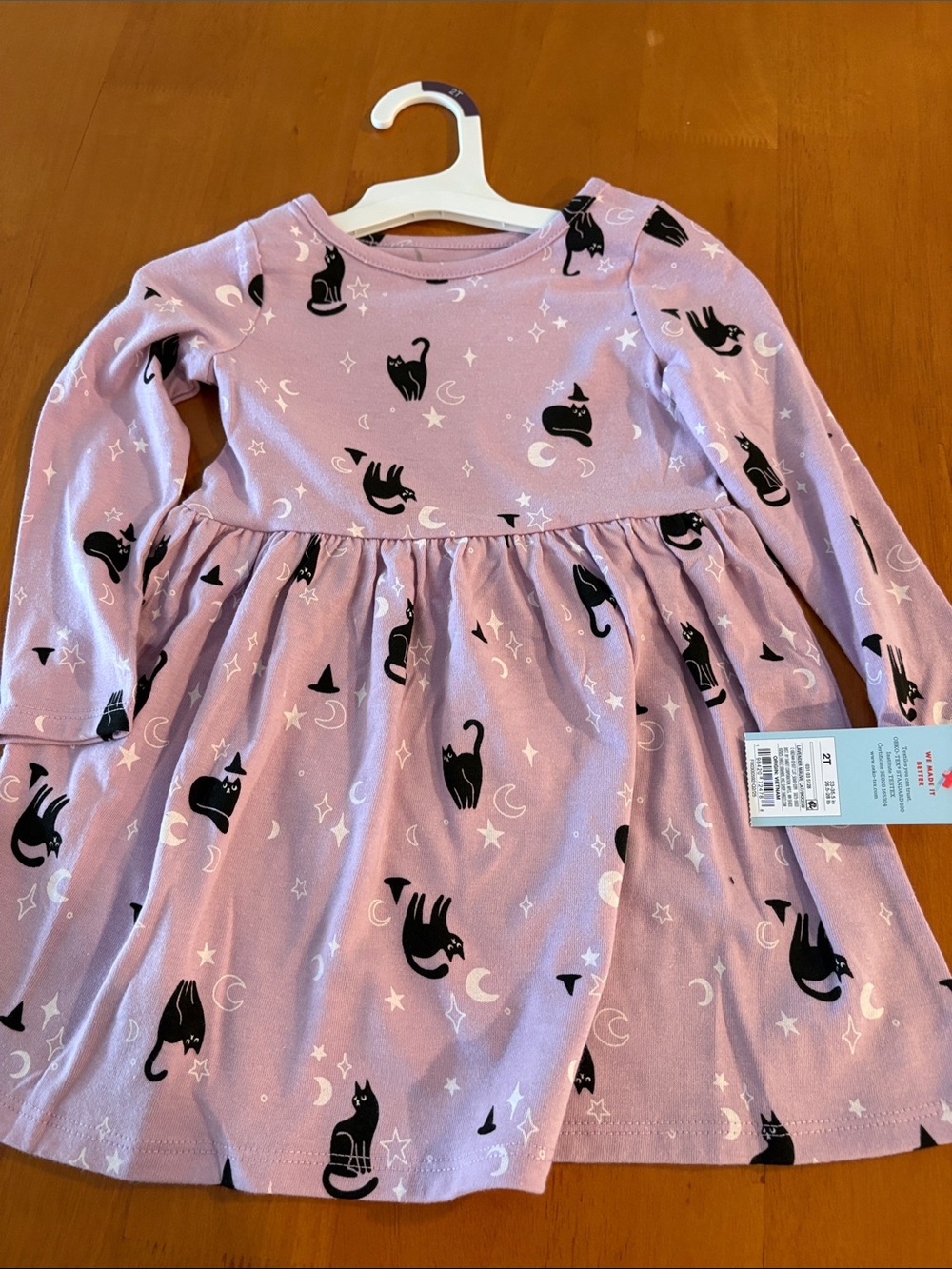 Cat & Jack Lavender Long-Sleeve dress with Black Cat Motif